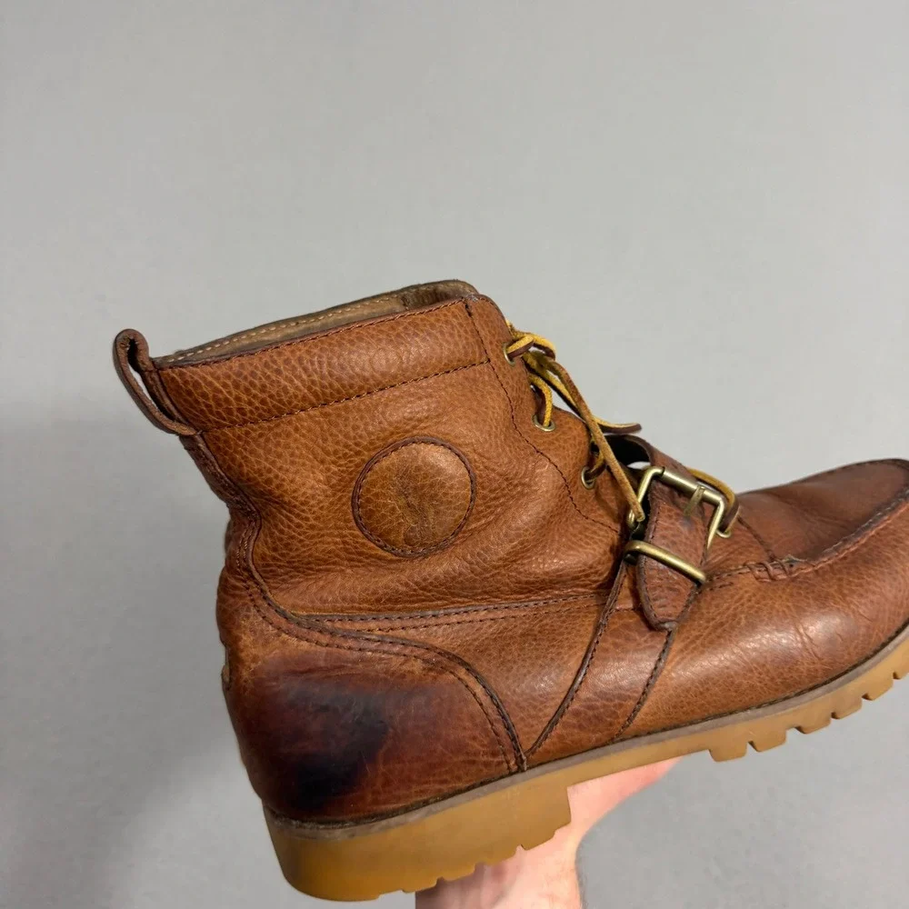 Polo Ralph Lauren Boots Mens 12 Brown Redmond-BO Leather Moc Toe Buckle Lug Sole